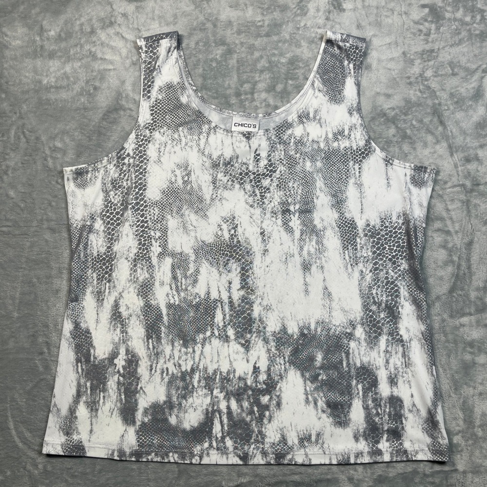 Chico's Tank Top Womens 3 XL Gray White Snakeskin Metallic Foil Sleeveless Scoop